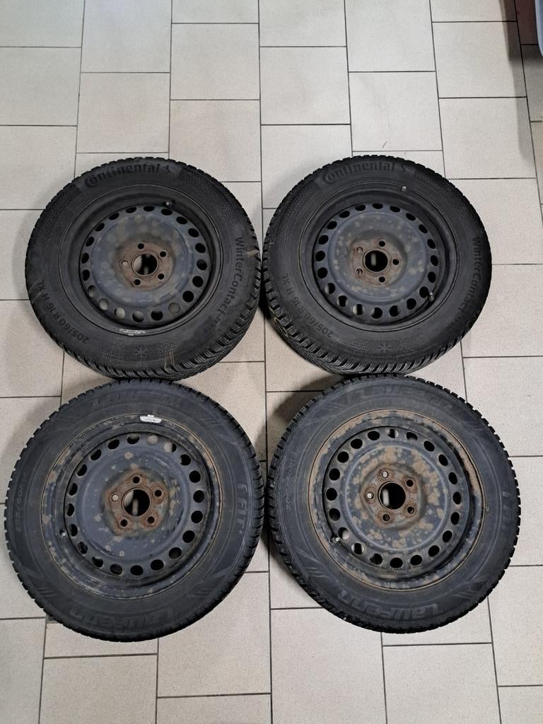 4 Jantes tôles 16x6 1/2 J 44 avec pneus hiver 205/60 R 16, Gebruikt, 16 inch, Banden en Velgen, 205 mm