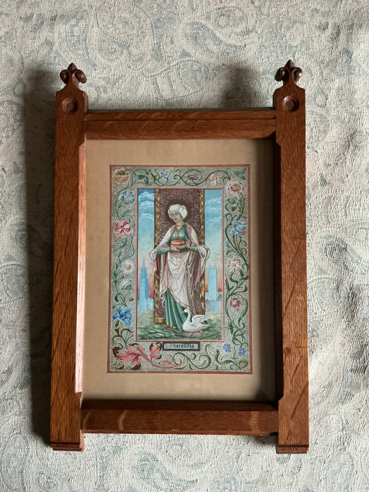 Handgeschilderd Neogotisch Miniatuur Sint-Pharaïdis ca. 1900, Antiek en Kunst, Ophalen of Verzenden