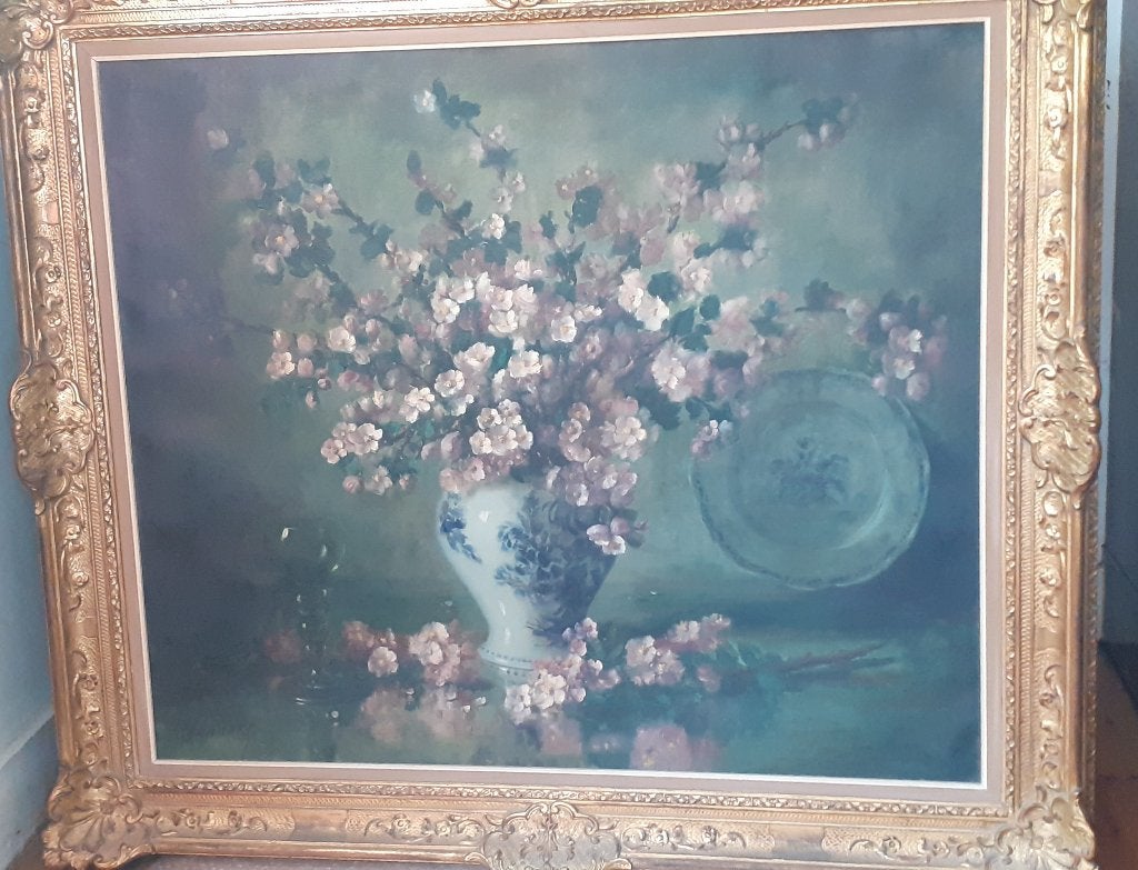 Olie verf schilderij : Vaas met bloemen, Antiquités & Art, Art | Peinture | Classique, Peinture à l'huile, Enlèvement, Toile, Classique
