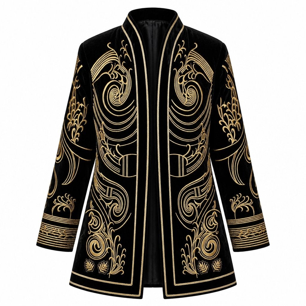 Black Velvet Blazer with Gold Embroidery – Size 3XL, Verzenden, Zo goed als nieuw, Overige maten, Meerkleurig