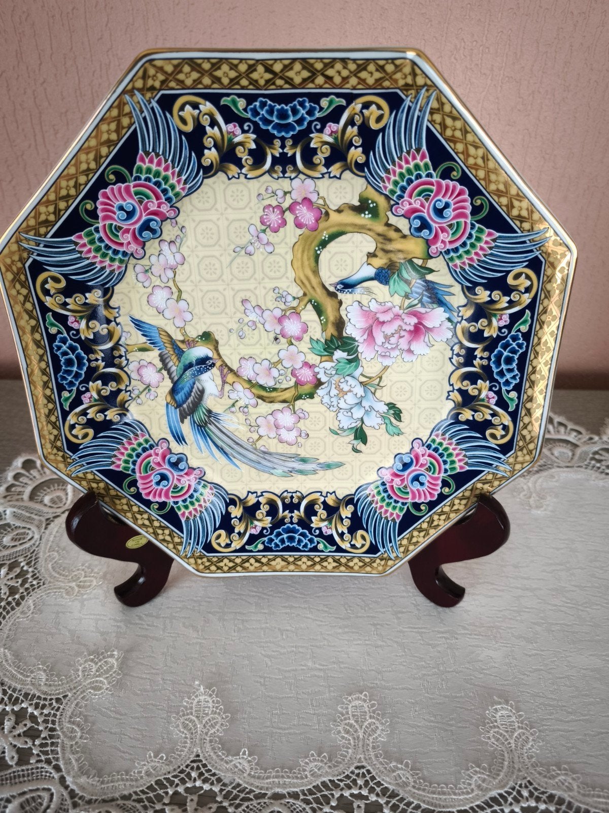 Vintage decoratief bord met paradijsvogels en bloemen, Antiek en Kunst, Ophalen