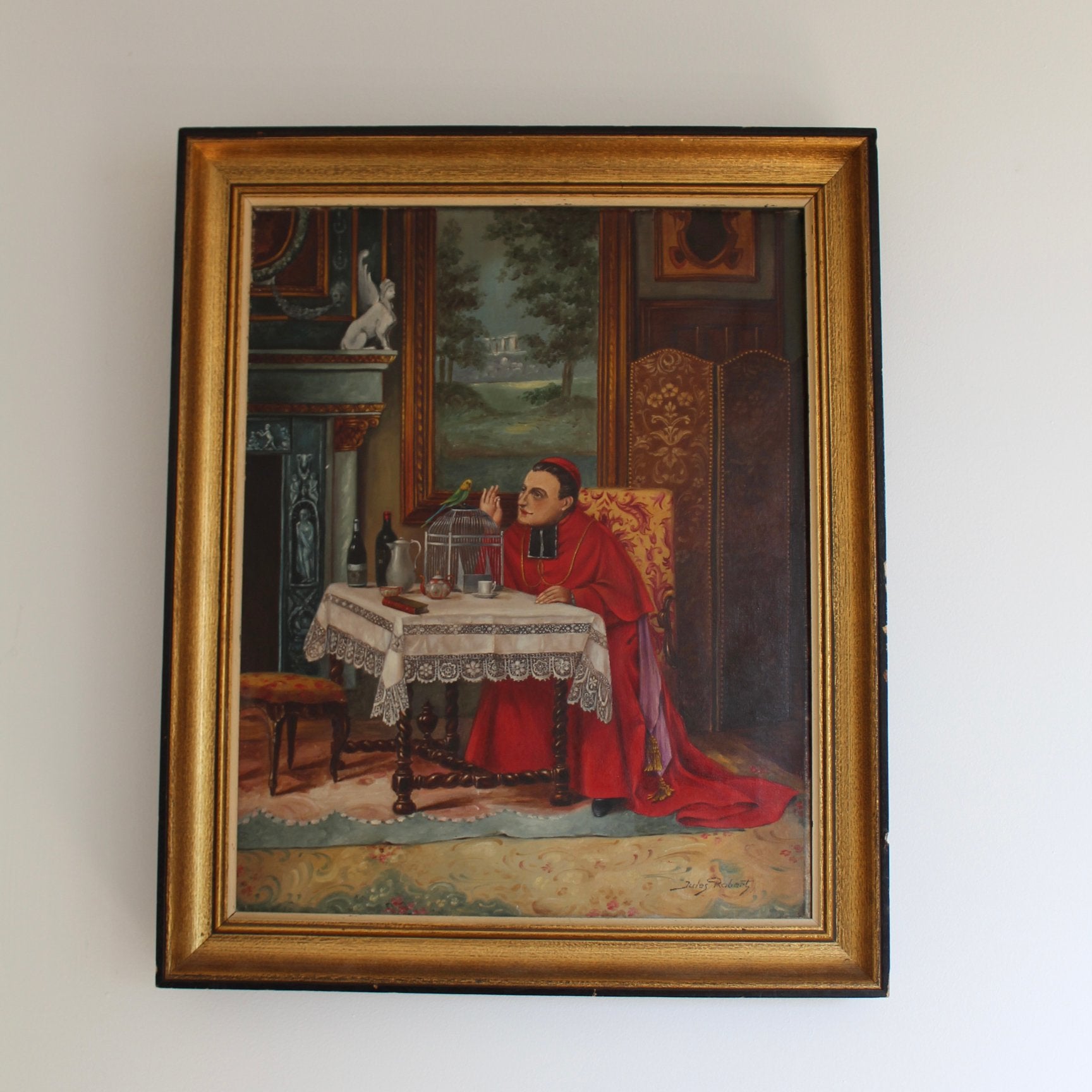Schilderij Olieverf Kardinaal met Papegaai–Jules Robert, Antiek en Kunst, Kunst | Schilderijen | Klassiek, Doek, Ophalen of Verzenden