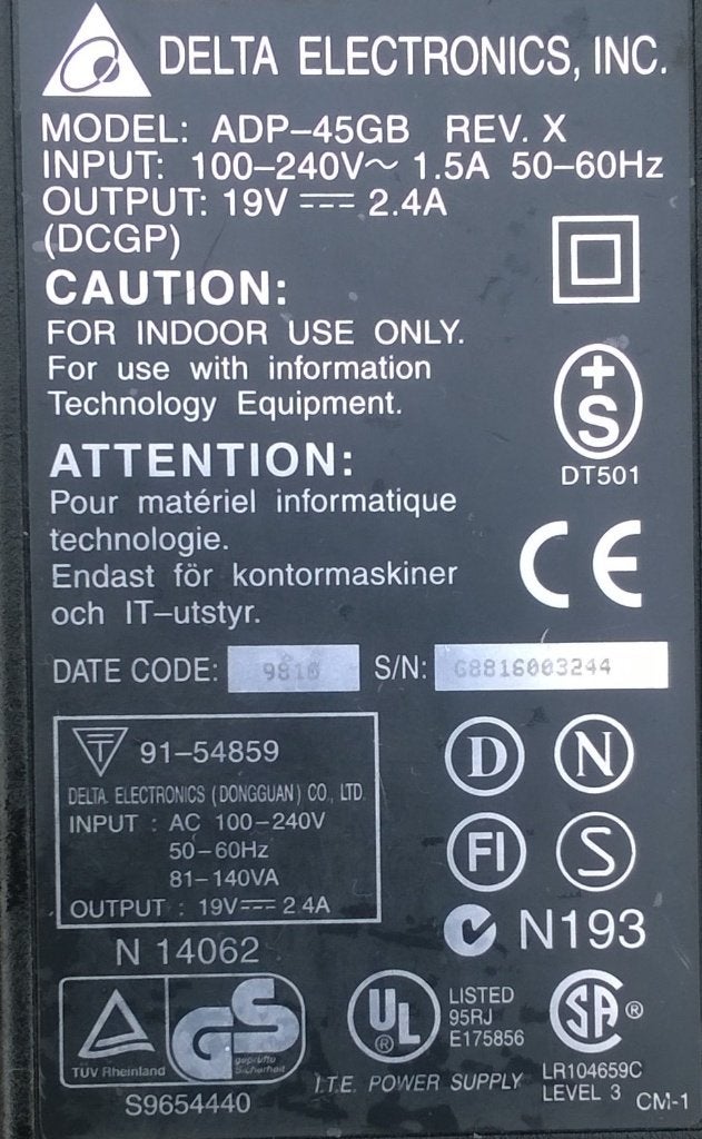 Oplader Laptop, Delta ADP-45GB, 19 Volt 2,4 A, Computers en Software, Laptop-opladers, Ophalen of Verzenden, Gebruikt, Delta