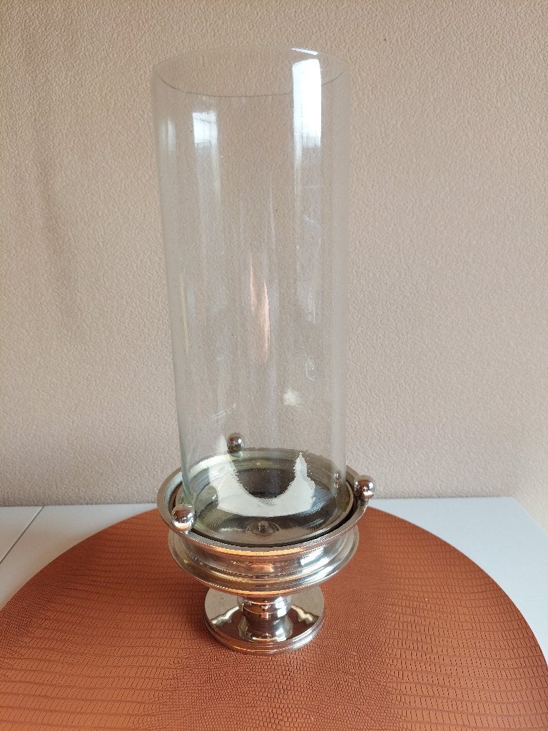 Luxe Tweedelig Windlicht – Verzilverd Metaal en Glas, Ophalen, Windlicht, Gebruikt, 32 cm