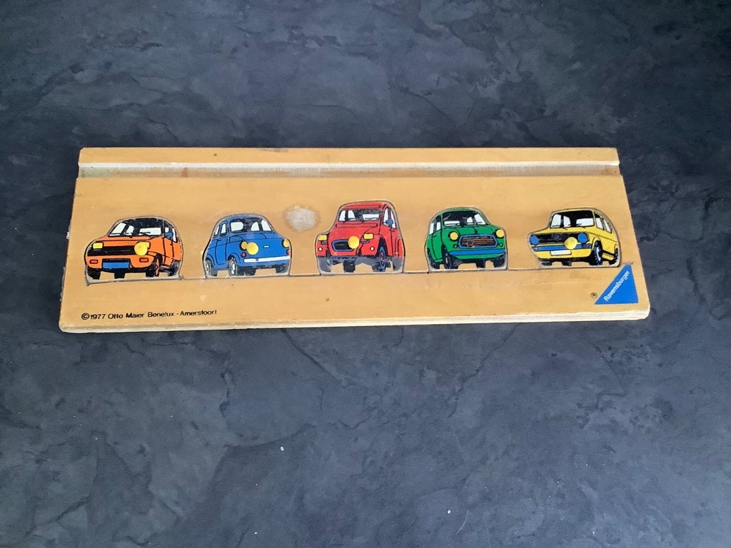 Vintage houten puzzle voertuigen (5 stuks) (1977), Kinderen en Baby's, 2 tot 4 jaar, Gebruikt, Ophalen of Verzenden, Van hout