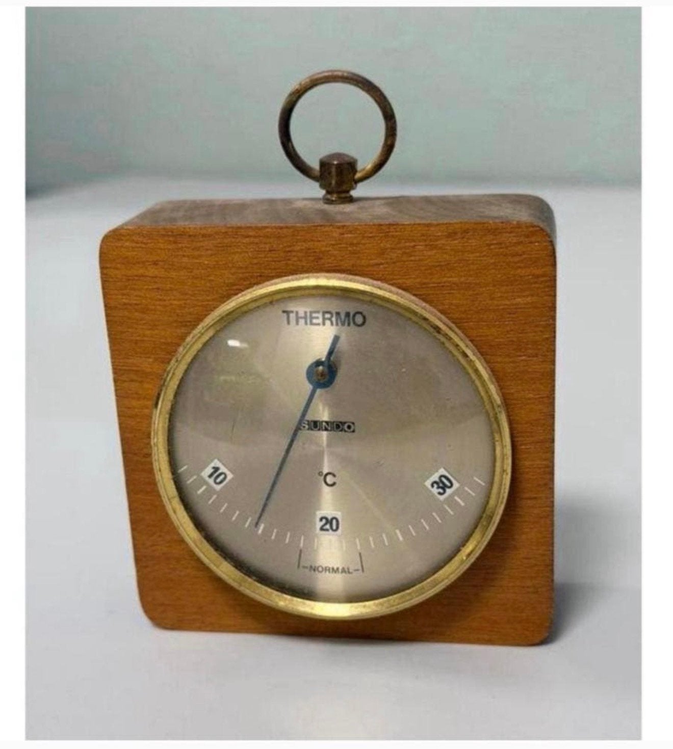 Thermomètre et baromètre vintage SUNDO — en bois de 9 cm, Enlèvement ou Envoi, Comme neuf, Baromètre