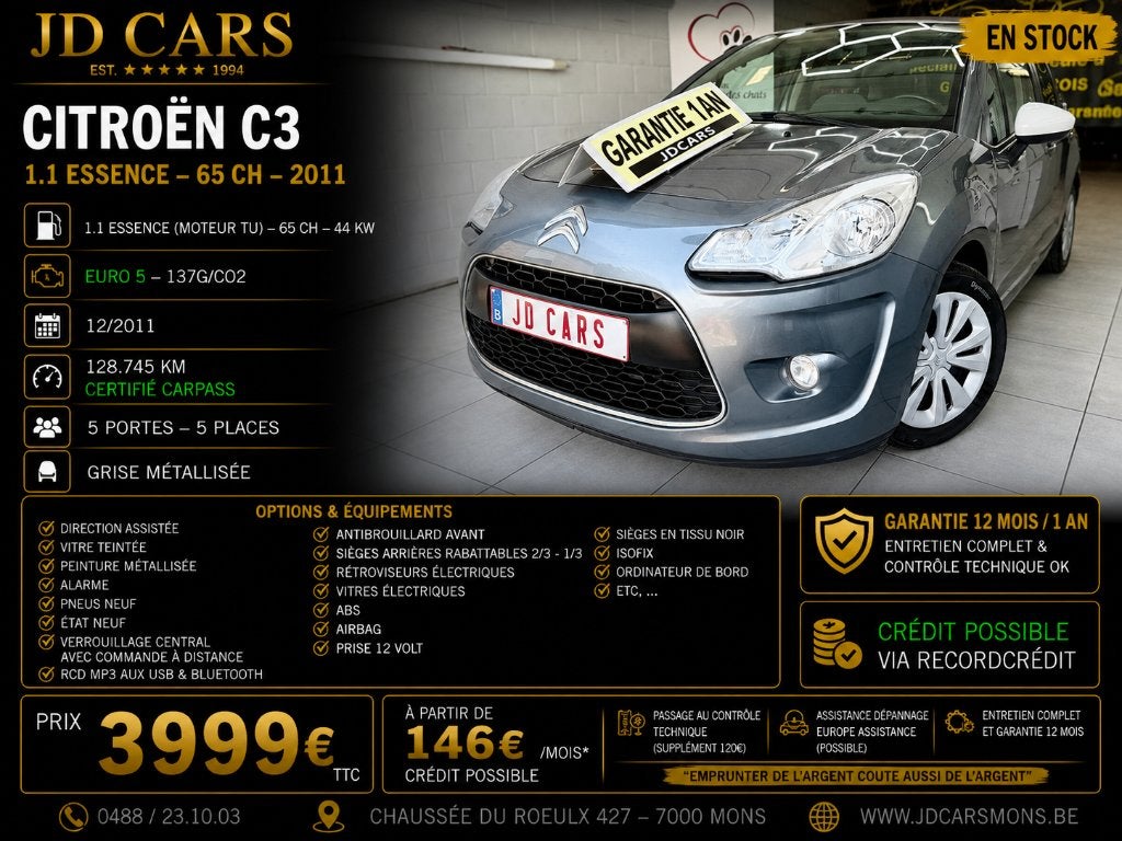 CITROËN C3 1.1 ESSENCE ‼️GARANTIE 1 AN CTOK‼️, Auto's, Voorwielaandrijving, Euro 5, Stof, 139 g/km