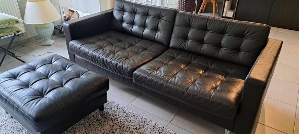 Zwarte lederen Ikea LANDSKRONA sofa & poef, Huis en Inrichting, Zetels | Complete zithoeken, Leer, Ophalen