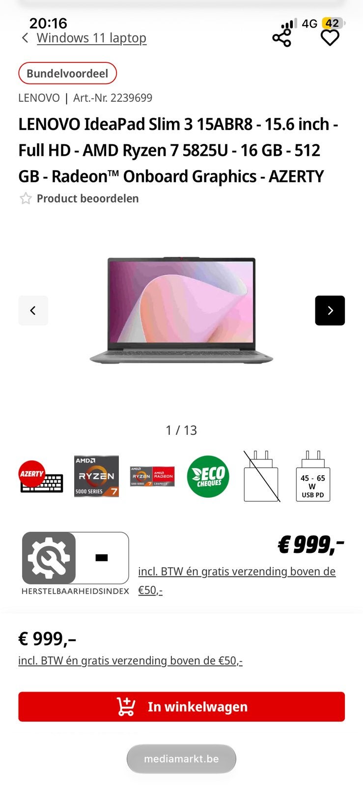 Lenovo ideapad slim 3 15abr8, Ophalen, 13 inch of meer, Uitbreidbaar geheugen, Nieuw
