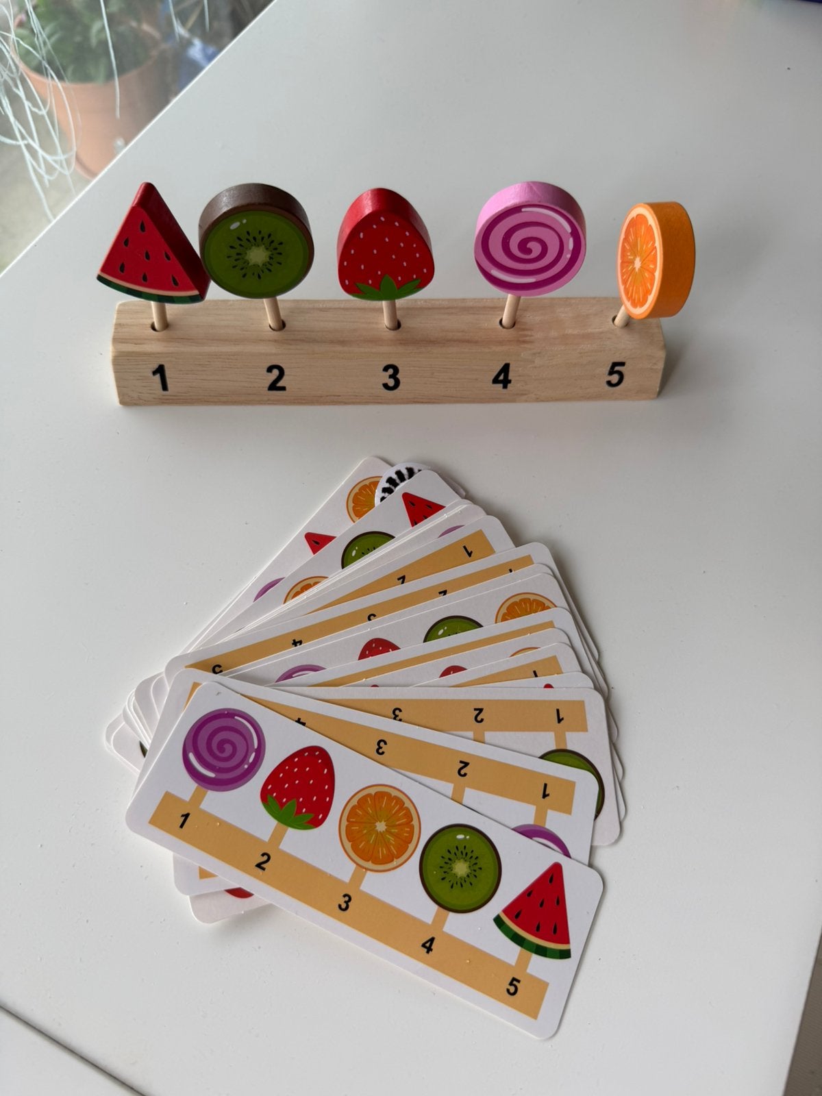 Houten telspel met fruit – cijfers 1 t/m 5 + opdrachtkaarten, Kinderen en Baby's, Ophalen of Verzenden, Zo goed als nieuw
