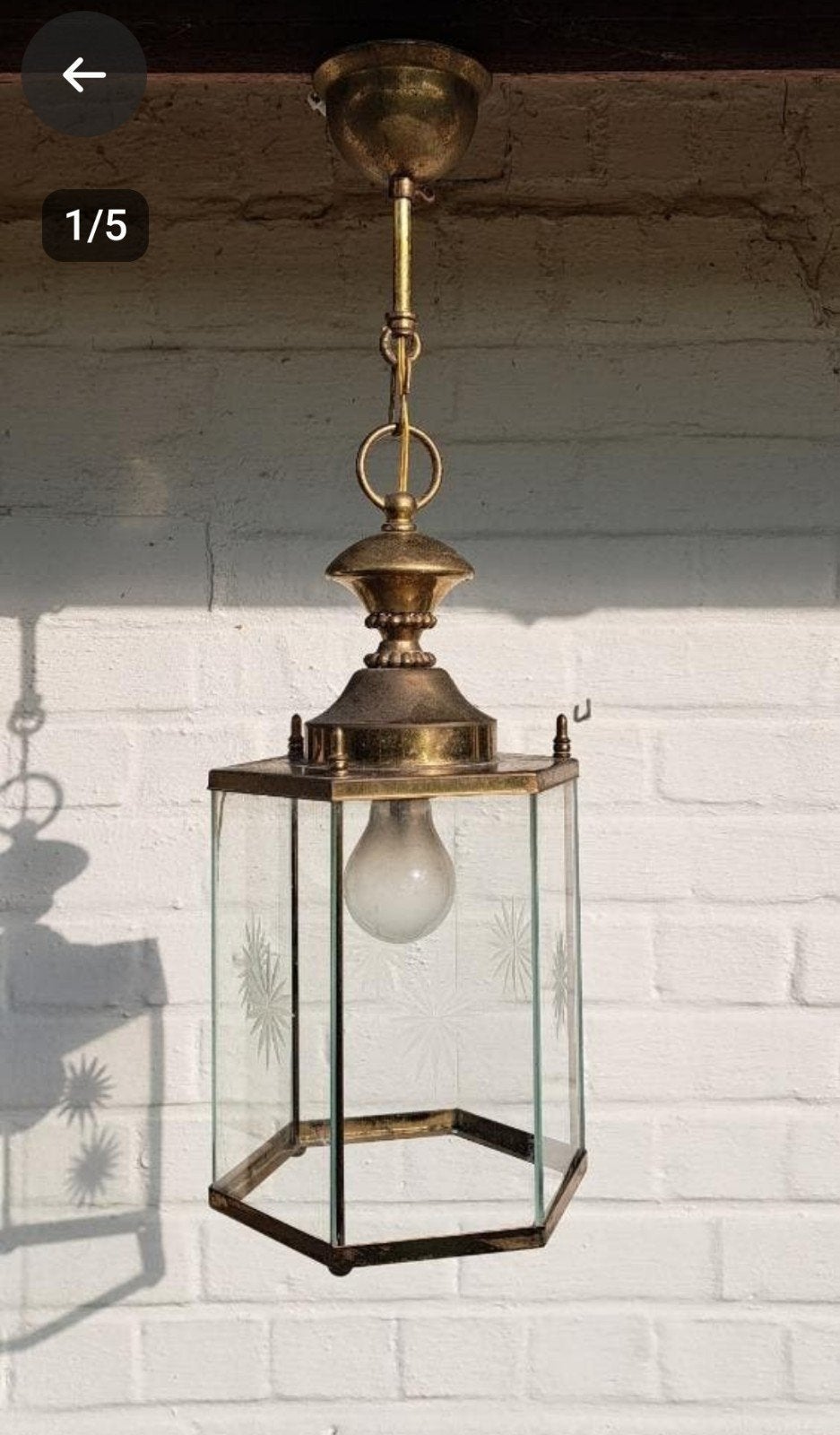 hanglamp hallamp Messing met geëtst glas, Maison & Meubles, Lampes | Suspensions, Enlèvement ou Envoi