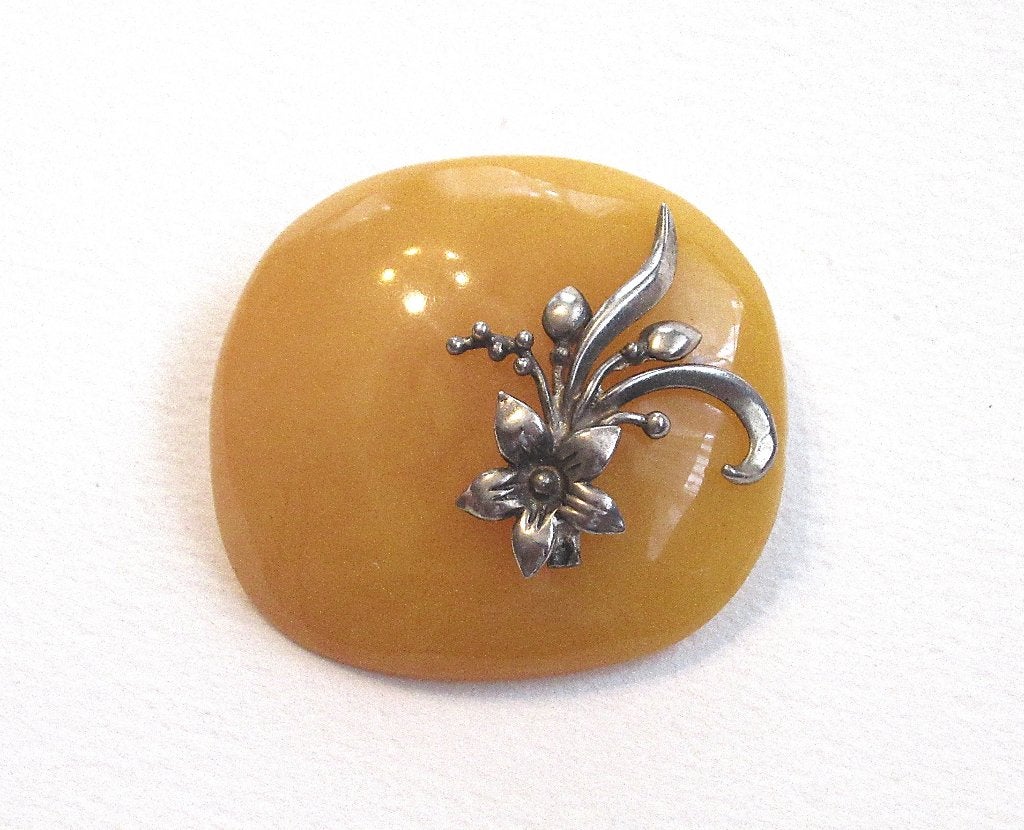 Vintage Baltisch Amber met 875zilver decor Sovjet broche '70, Handtassen en Accessoires, Antieke sieraden, Ophalen of Verzenden