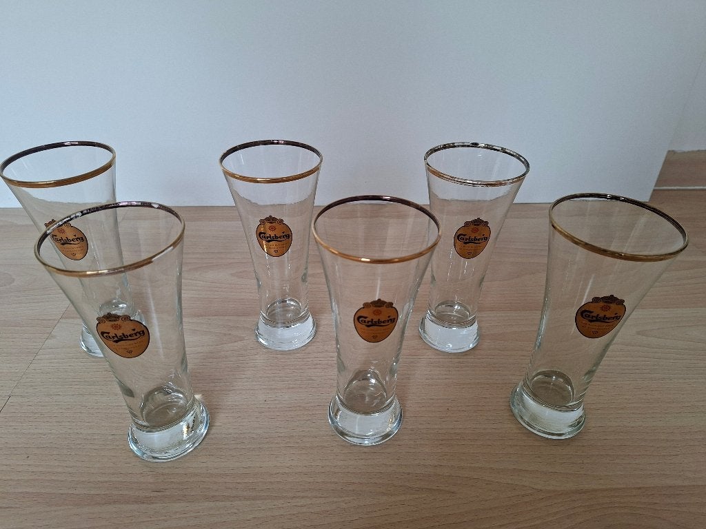 6x Vintage Carlsberg bierglazen met gouden rand en embleem, Verzamelen, Ophalen of Verzenden