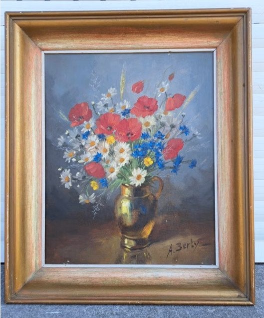 huile sur toile fleur signe anne berty, Enlèvement ou Envoi, Toile