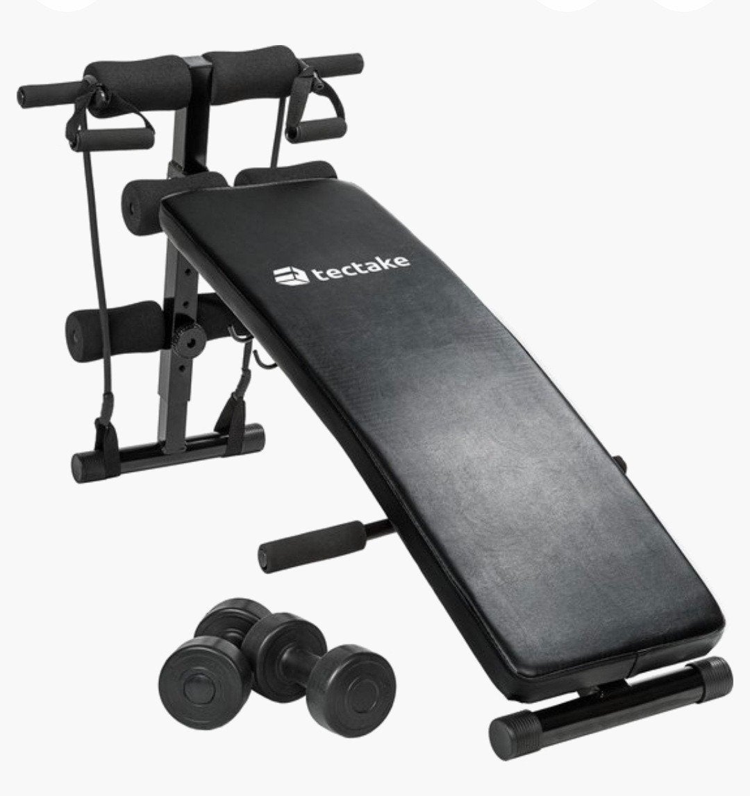 Plooibaar fitness bank met 2 gewichten, Sport en Fitness, Fitnessmaterialen, Ophalen, Zo goed als nieuw, Buik, Fitnessbank