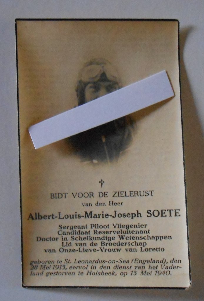 Gesneuveld piloot 15 mei 1940 Fox O-185 Sgt Vl Albert Soete, Verzamelen, Bidprentjes en Rouwkaarten, Ophalen of Verzenden, Bidprentje