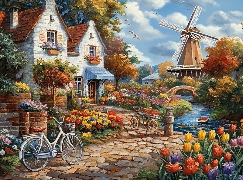 Peinture au diamant 50x40cm Moulin de maison de campagne 110, Neuf, Multicolore, Enlèvement ou Envoi, Diamond painting