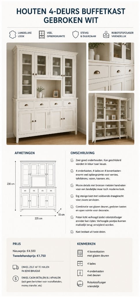 Buffet en bois blanc cassé à 4 portes, 200 cm ou plus, Pastorie cottage landelijk, Enlèvement, Utilisé