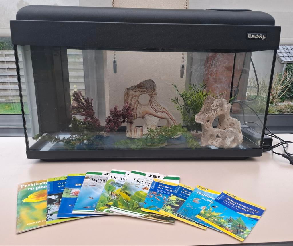 Aquarium 80x30x50cm + filter + lamp + plantjes + boekjes +.., Dieren en Toebehoren, Ophalen, Verwarming, Gebruikt