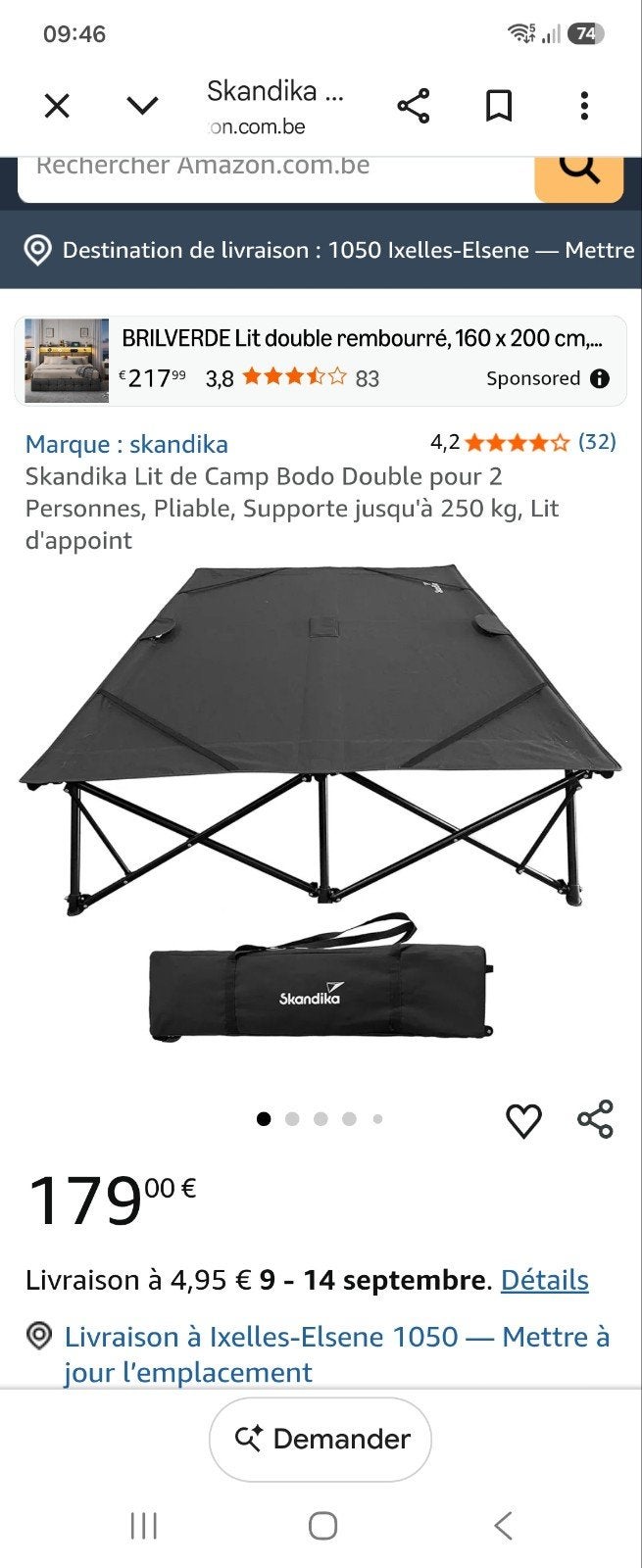Lit de camp double scandika, Caravanes & Camping, Enlèvement, Comme neuf