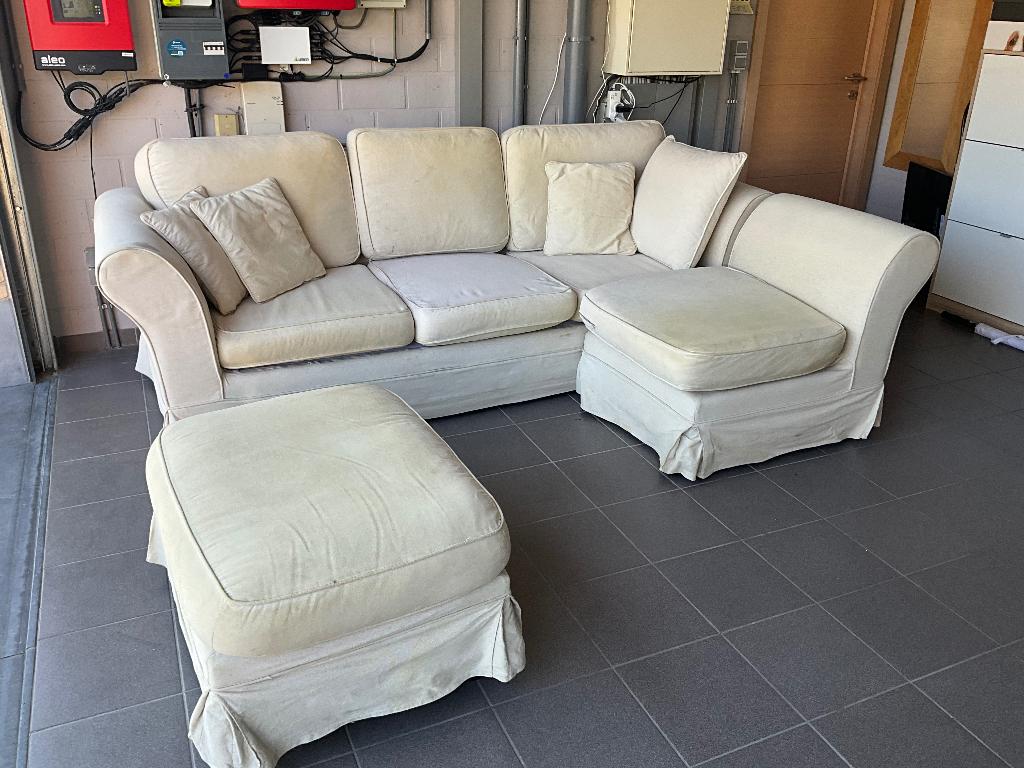 GRATIS Hoekzetel 250 cm in stof  met poef GRATIS, Ophalen, Gebruikt, Stof, Tijdloos
