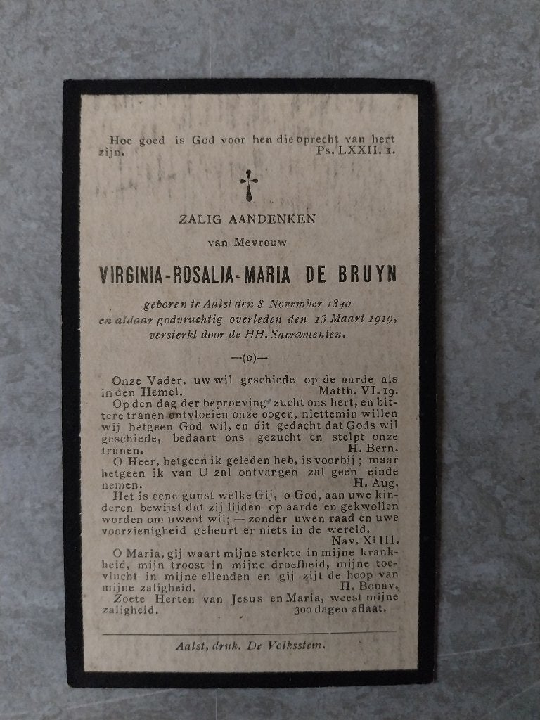 Doodsprentje De Bruyn Aalst 1919, Ophalen of Verzenden, Rouwkaart