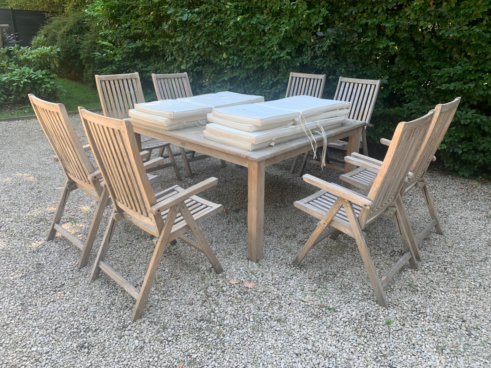 Teal Tuinset “ Cozy Dining” Tafel +8 stoelen+ gratis kussens, Enlèvement, Utilisé, Bois de teck, Salons de jardin