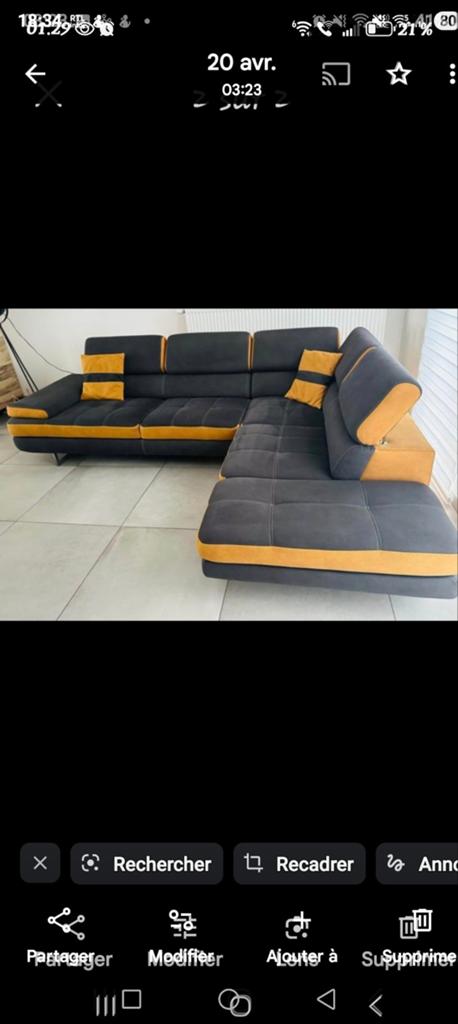 Salon en L en neubuk gris et jaune orange impeccable
