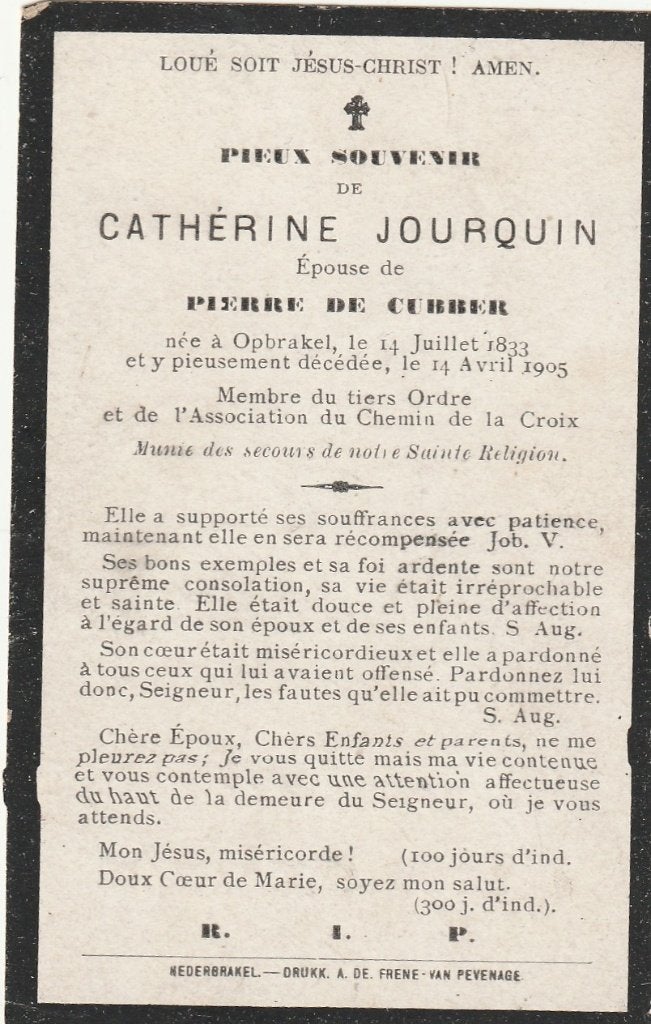 + 6 / B P JOURQUIN CATHARINE OPBRAKEL 1833 - 1905, Ophalen of Verzenden, Bidprentje