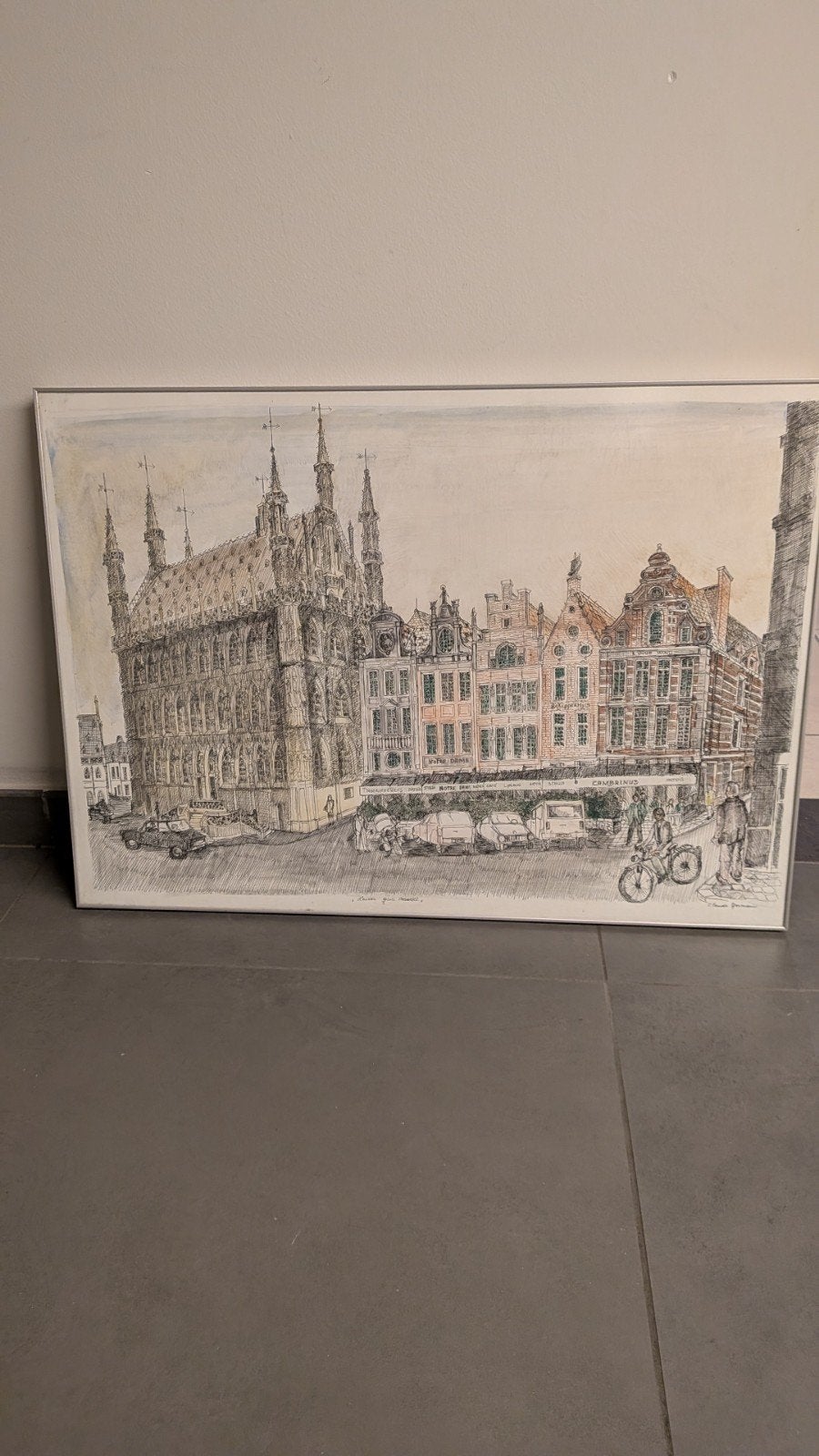 Grote Markt Louvain, Antiquités & Art, Art | Dessins & Photographie, Enlèvement, Dessin à la plume, Sous verre