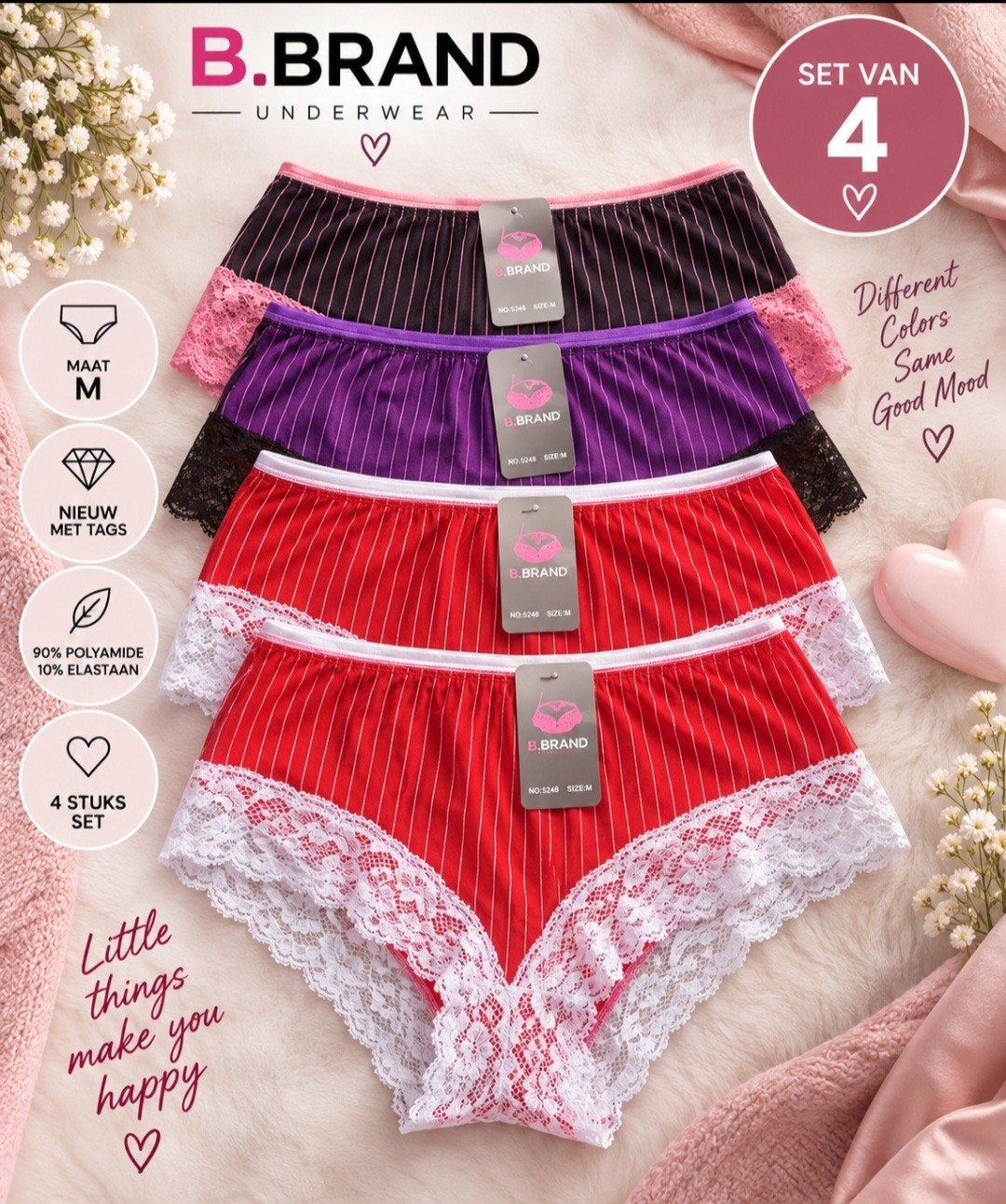 B.Brand 4x Nieuwe Damesslips Maat M, B.Brand, Ophalen of Verzenden, Meerkleurig, Slip
