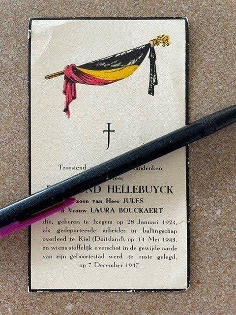 Déporté Izegem HELLEBUYCK Raymond + Kiel 14/5/1943, Enlèvement ou Envoi, Image pieuse