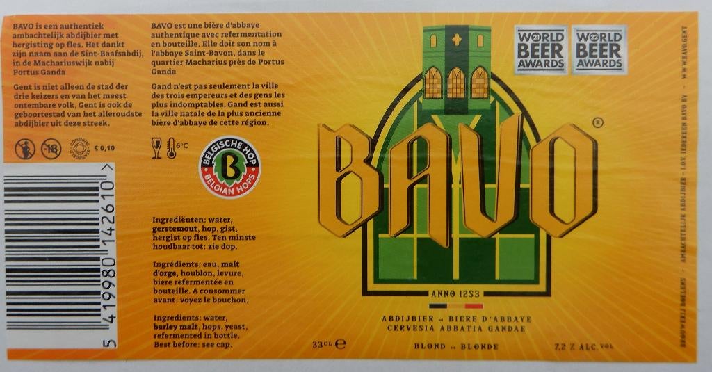 Bieretiket Bavo blond Brouwerij Boelens (11x4), Verzenden, Gebruikt
