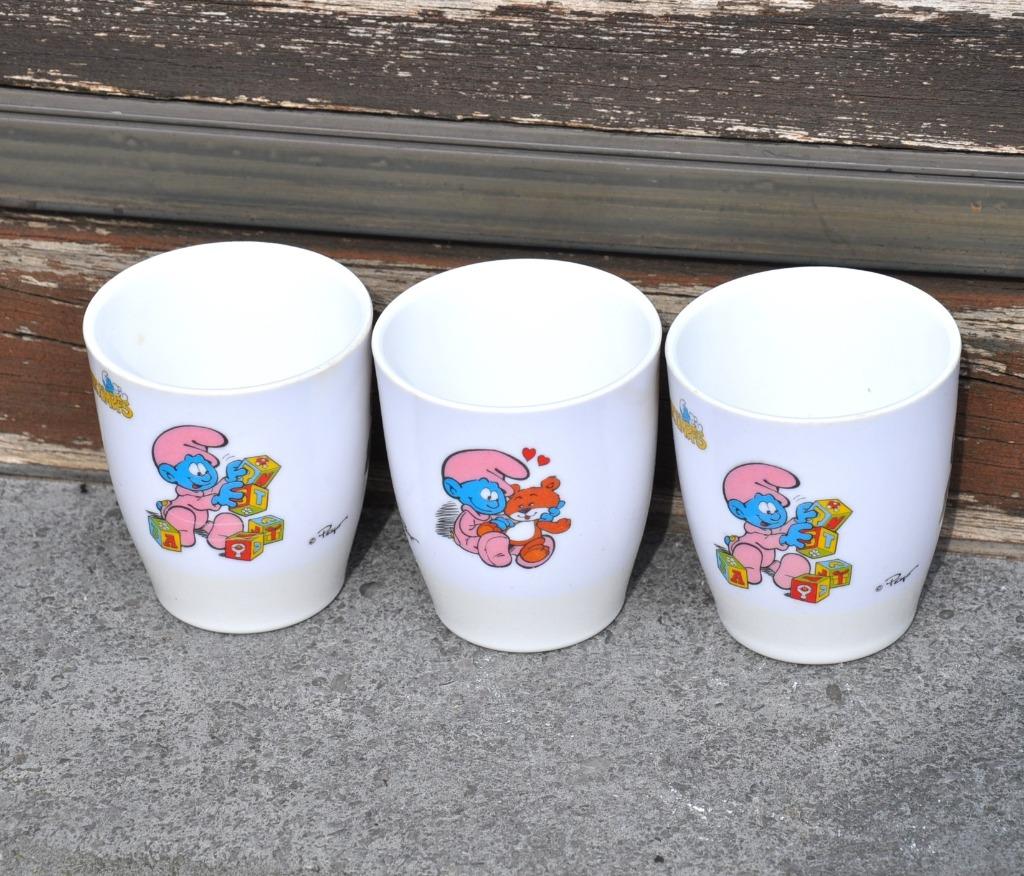 3 verres gobelets décor bébé schtroumpfs, Ophalen of Verzenden, Gebruikt, Overige materialen, Glas of Glazen