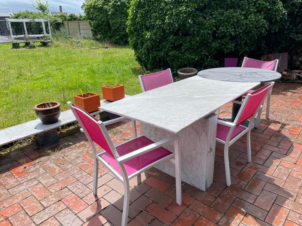 Tuinset Tafel in marmer design 240x80 +Stoelen +Parasol, Salons de jardin, 8 places, Utilisé, Enlèvement