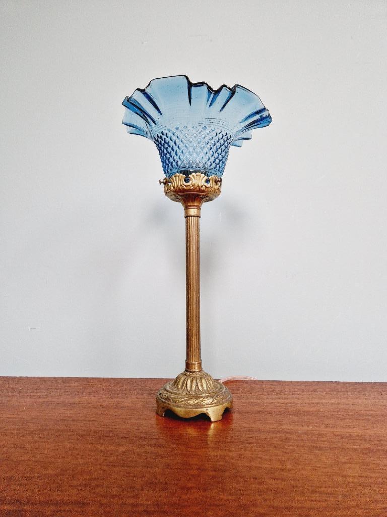 Lampe de table en bronze doré et verre transparent bleu, Enlèvement ou Envoi, Bronze