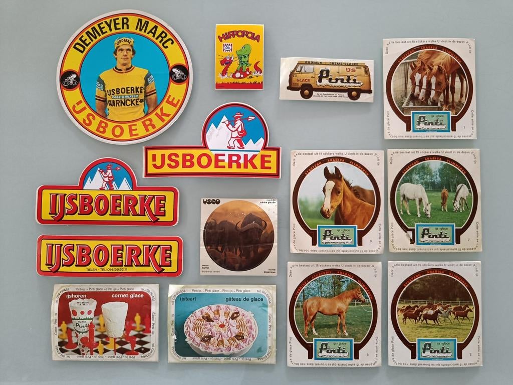 Vintage Ijsboerke/Pinti ijs stickers., Verzamelen, Ophalen of Verzenden, Zo goed als nieuw, Merk