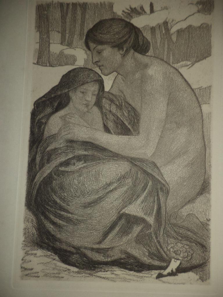 Emile Berchmans Luik antieke ets vernis mou La Charité, Ophalen of Verzenden