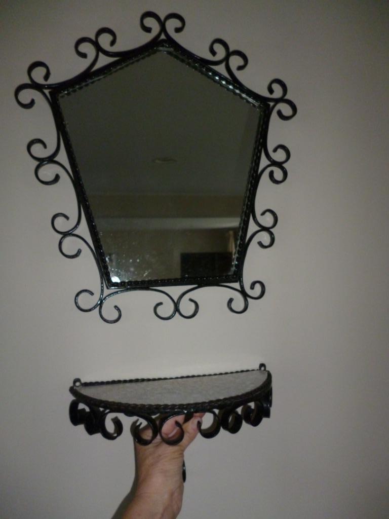 Miroir et tablette vintage sixties fer forgé et formica, Maison & Meubles, Enlèvement ou Envoi, Utilisé