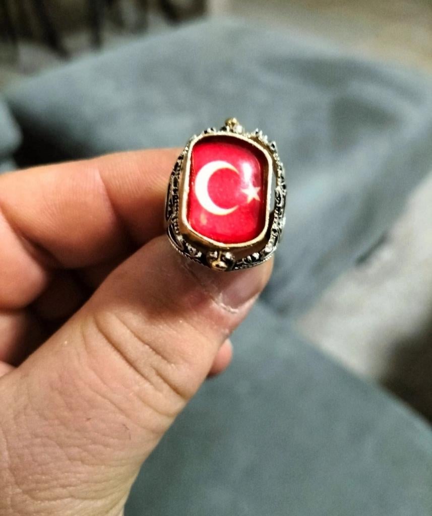 Ring Rvs– Dubbelzijdig Draaibaar – Turkse Vlag – 19 mm, Bijoux, Sacs & Beauté, Bagues, Enlèvement ou Envoi, Noir