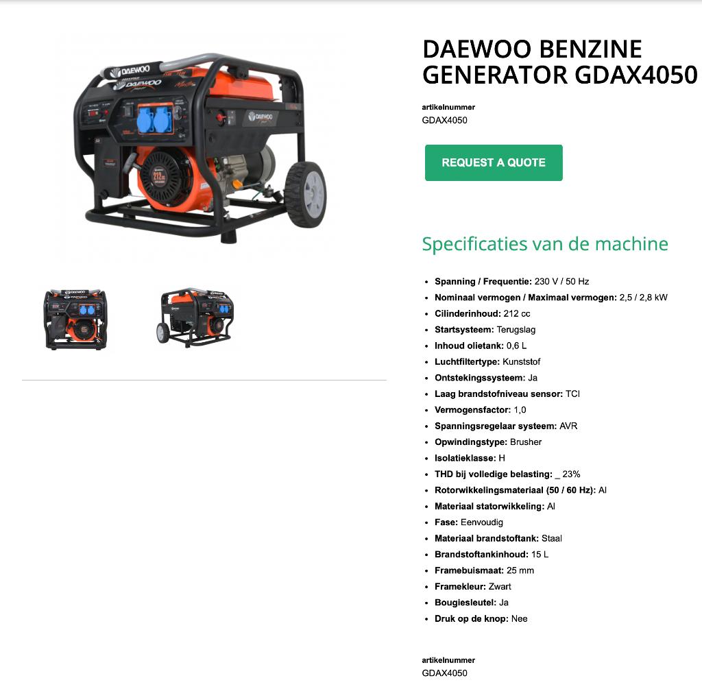 Generator Daewoo GDAX4050 benzine Nieuw, Doe-het-zelf en Bouw, Aggregaten, Ophalen, Nieuw, Minder dan 5 kVA, Benzine