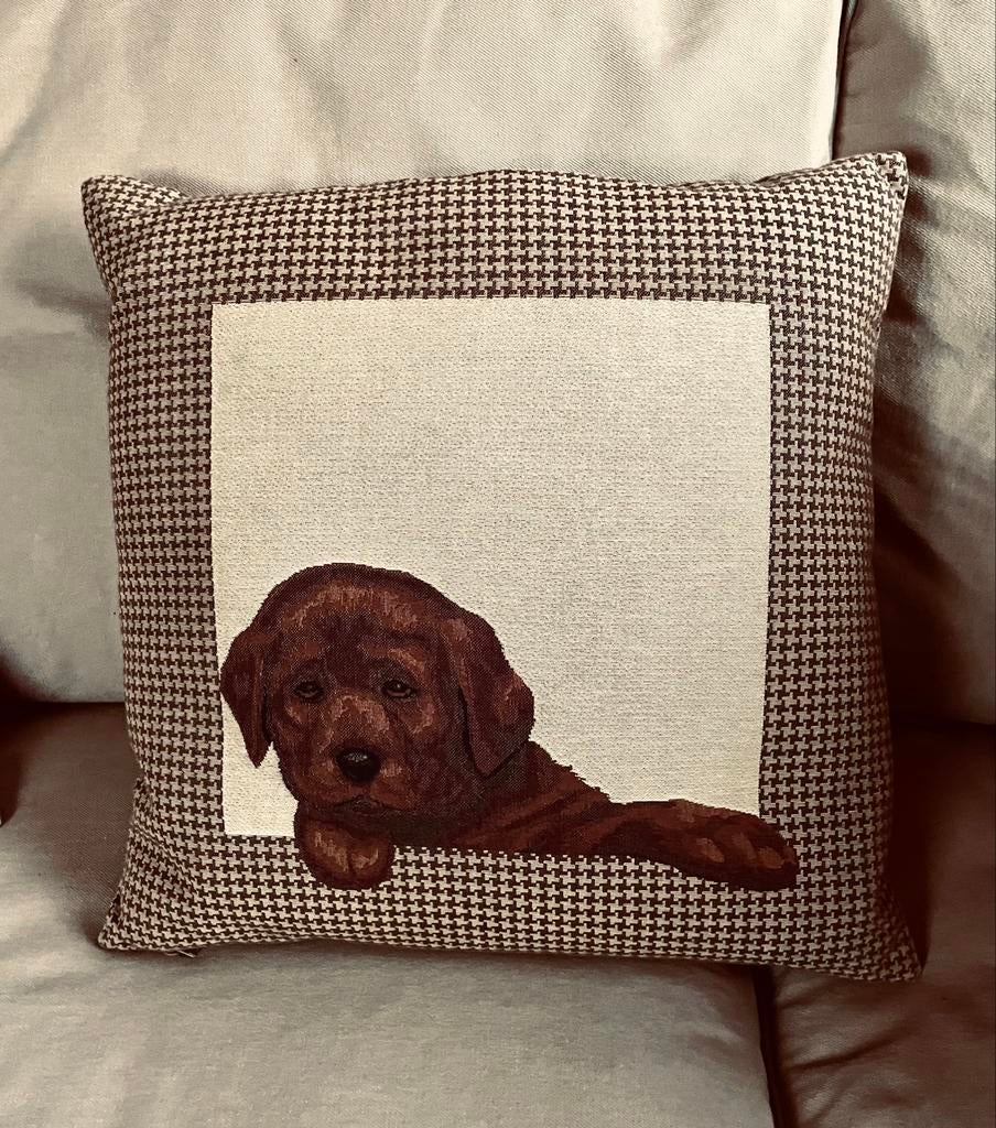 Linnen kussen met bruine Labrador - 40x40 cm, Ophalen of Verzenden, Zo goed als nieuw, Beige, Vierkant