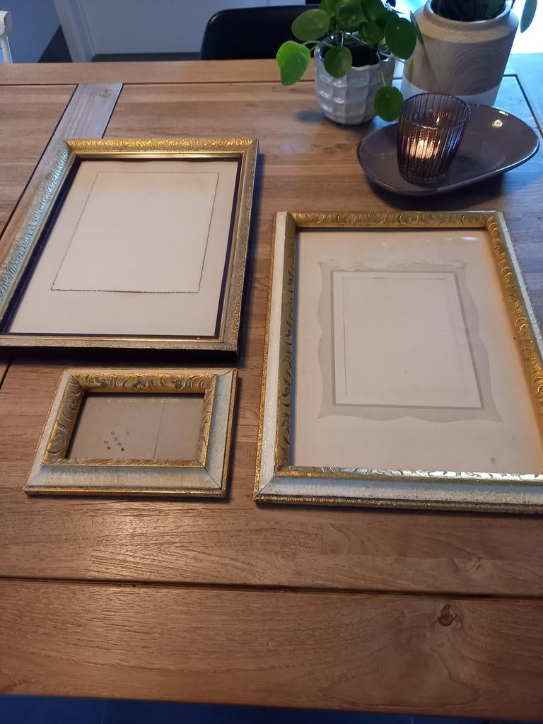 3 goudkleurige kaders met glas, Ophalen of Verzenden