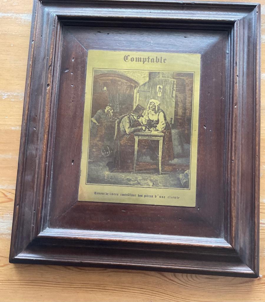 COMPTABLE: plaque de cuivre dans un cadre en bois, Enlèvement, Cuivre