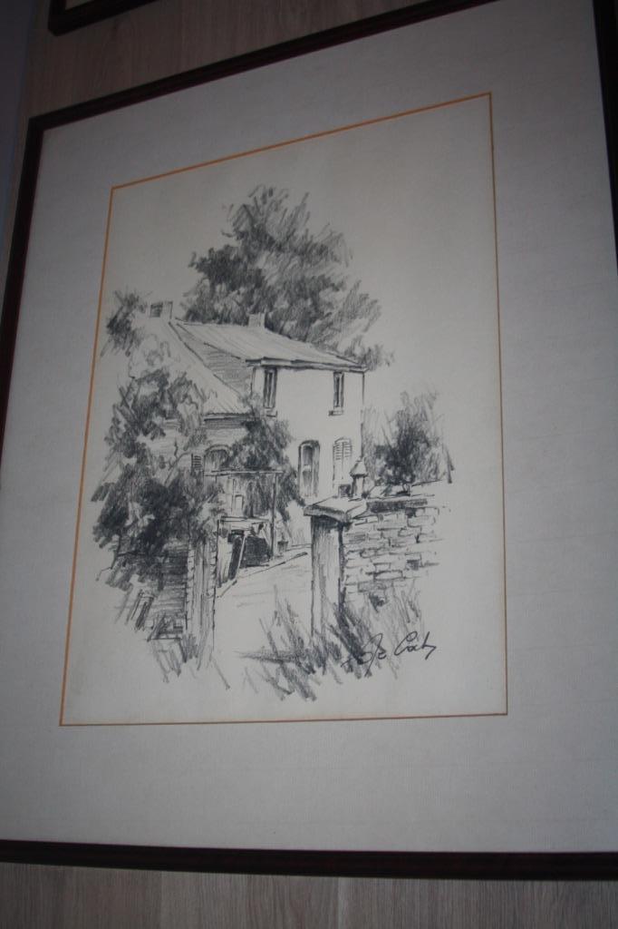 Houtskool tekening , De Cock , Oud Veerhuis Tielrode 1985, Antiquités & Art, Enlèvement ou Envoi
