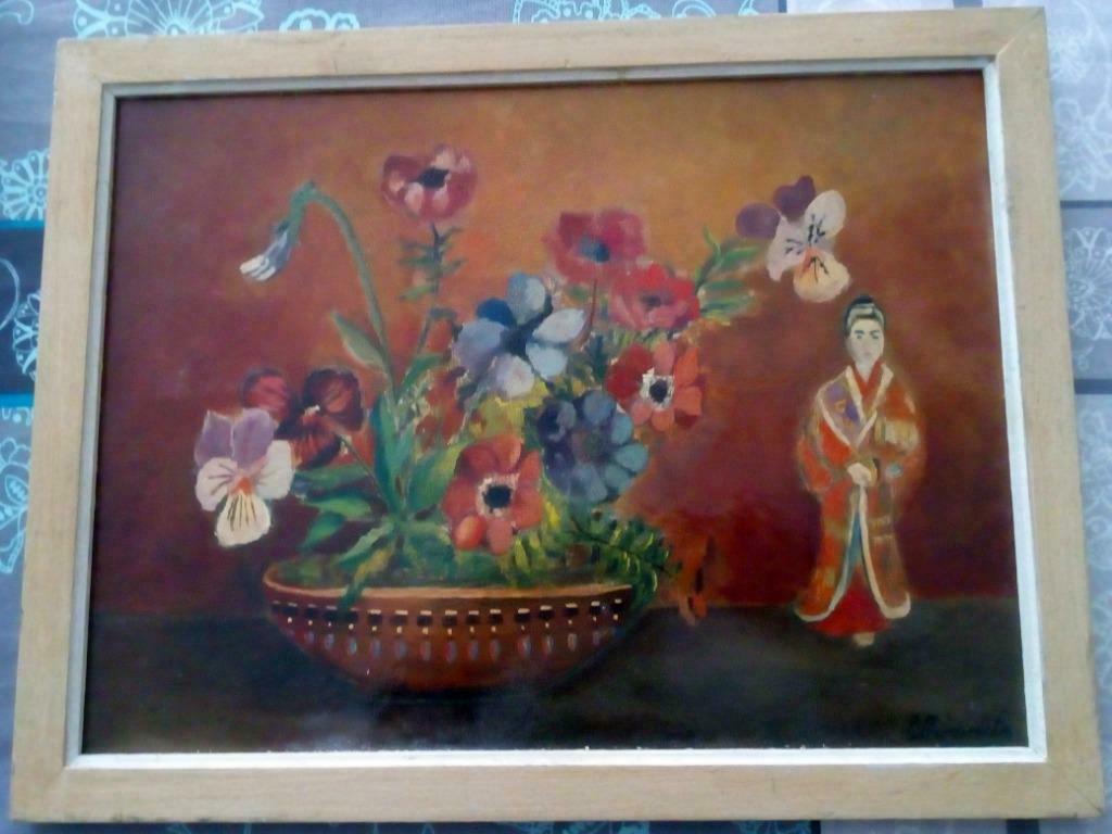 Peinture encadrée vernie de fleurs + dame en kimono, signé, Antiquités & Art, Art | Peinture | Classique, Enlèvement