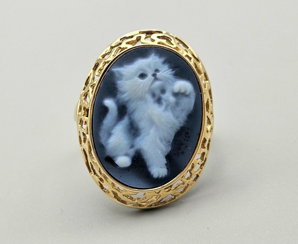 Bague vintage en or avec camée de chat en pierre précieuse., Bijoux, Sacs & Beauté, Bagues, Enlèvement ou Envoi, 18 à 19, Comme neuf