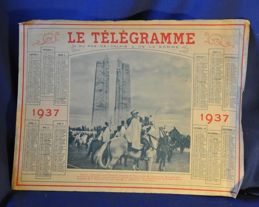 calendrier le telegramme du pas de calais de 1937, Enlèvement ou Envoi, Utilisé