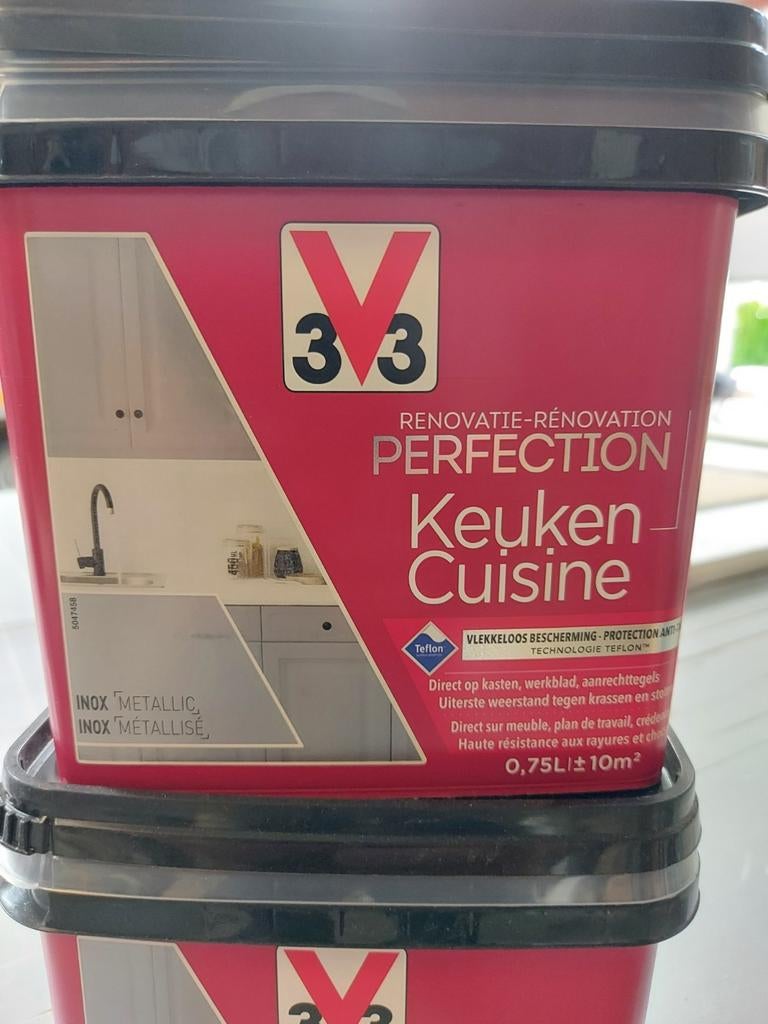 V33 Perfection renovatieverf keuken metallic 0,75l inox, Doe-het-zelf en Bouw, Ophalen, Nieuw