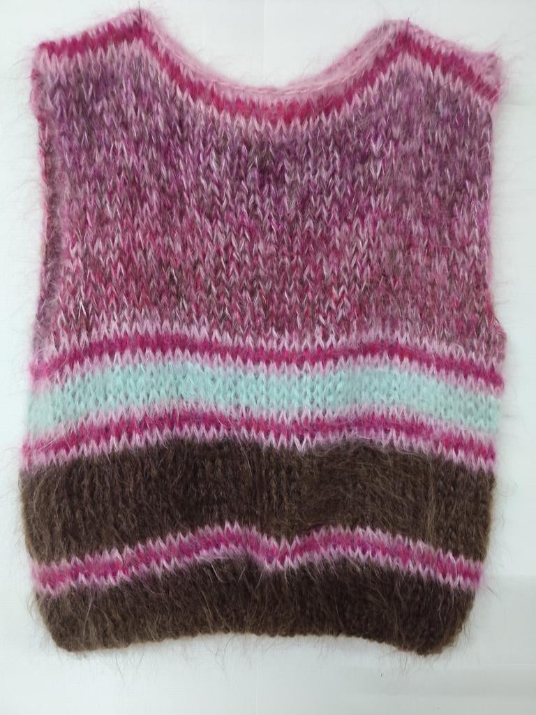 Gebreide trui, mouwloos, bordeaux kleuren met blauw., Ophalen, Nieuw, Blauw
